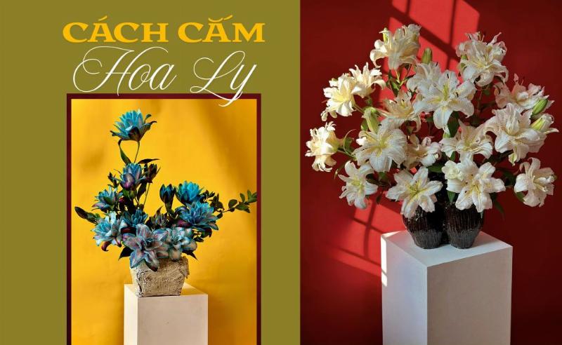 Một bình hoa cắm một mặt với hoa ly, hoa cúc vàng, và lá dương xỉ, đặt trên bàn thờ gỗ, thể hiện sự trang trọng và hướng về phía trước.