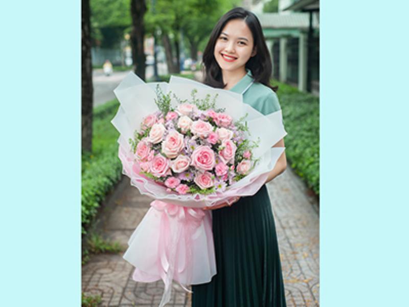 Bong hoa mau don do duoc goi dep lam qua tang Valentine, tren nen mau hong nhat lang man