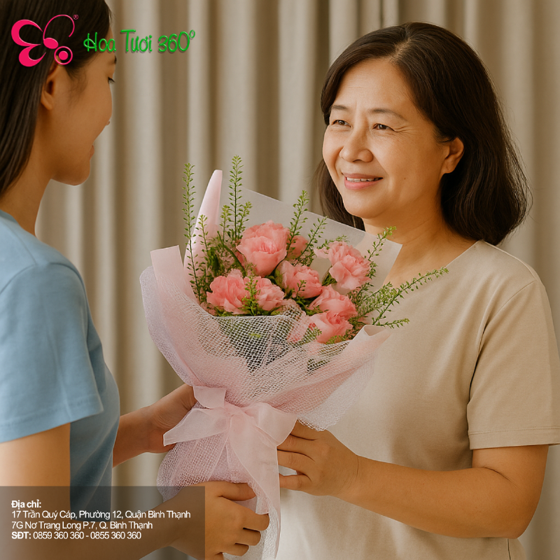 Hình ảnh một người phụ nữ đang đứng giữa nhiều loại hoa tươi trong một cửa hàng ở Quận 7, mỉm cười và lựa chọn bó hoa yêu thích. Màu sắc rực rỡ, không gian cửa hàng tươi sáng.